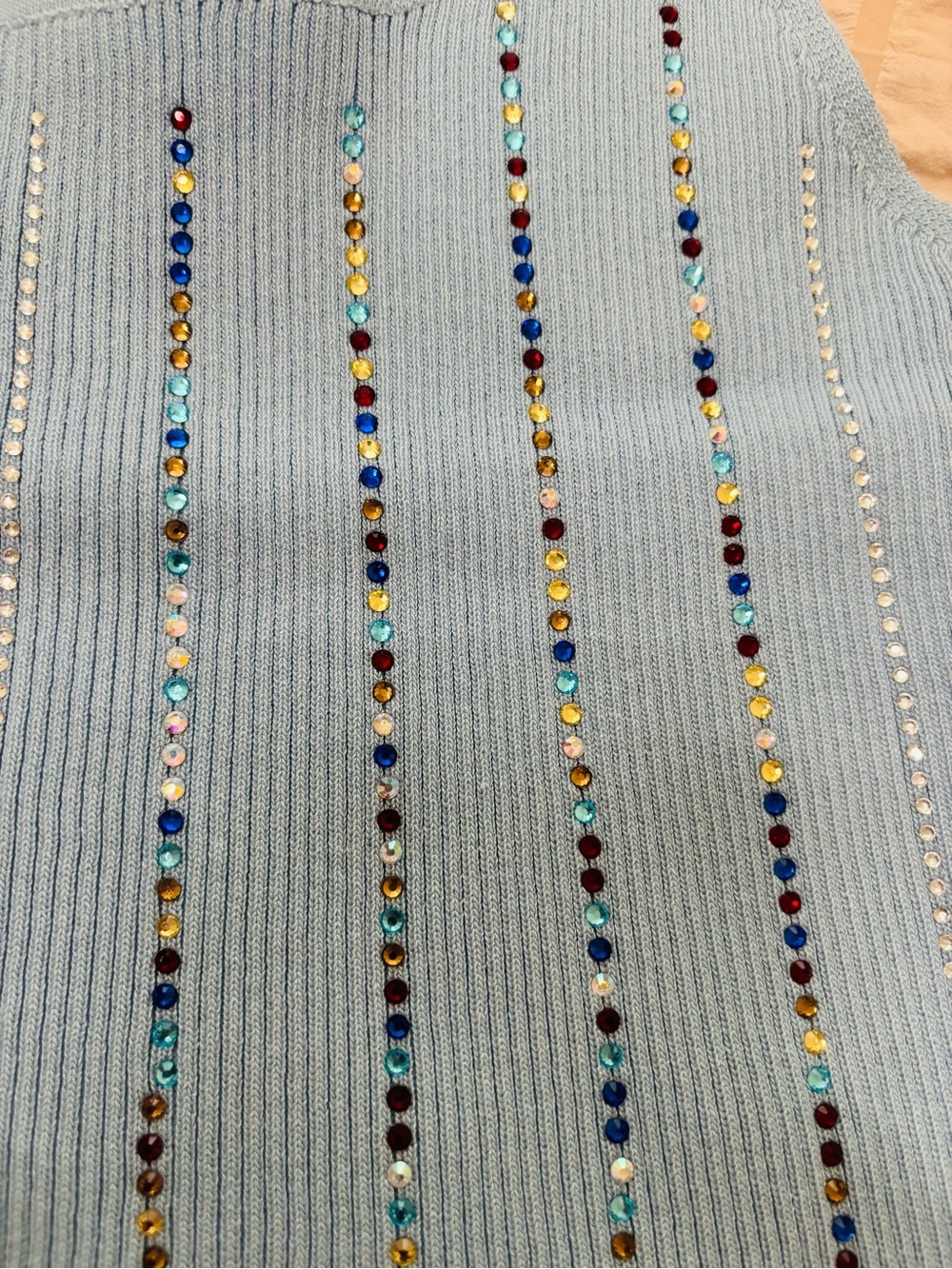 Y2K Light Blue Ribbed Knit Tank Top Multicolor Rhinestones - Picture 6 of 7